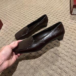 Ferragamo block heels in color espresso pebble calf. Never worn!! Size 7